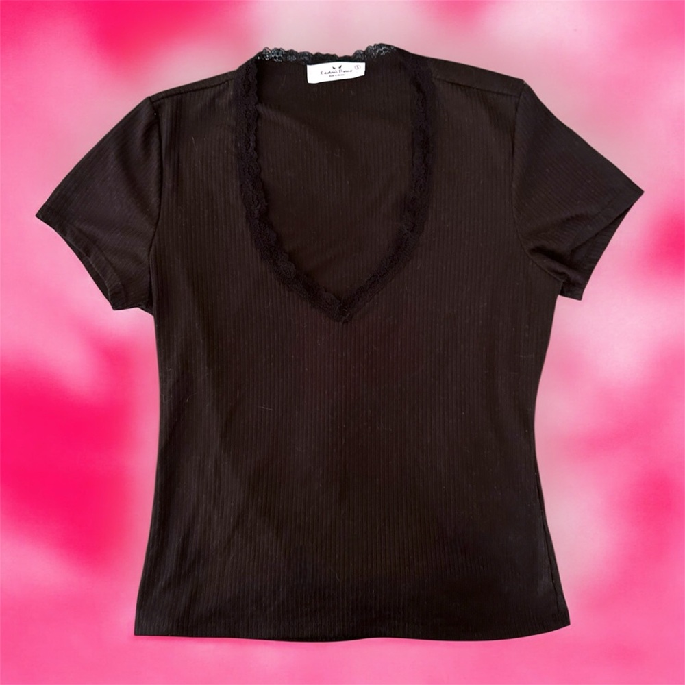 Black Lace Trim V-Neck Women's Top
